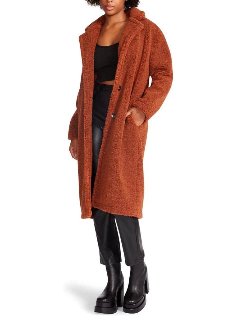 Steve Madden Womens Mocha Bisque Polyester Knee Length Button Closure Saide Coat